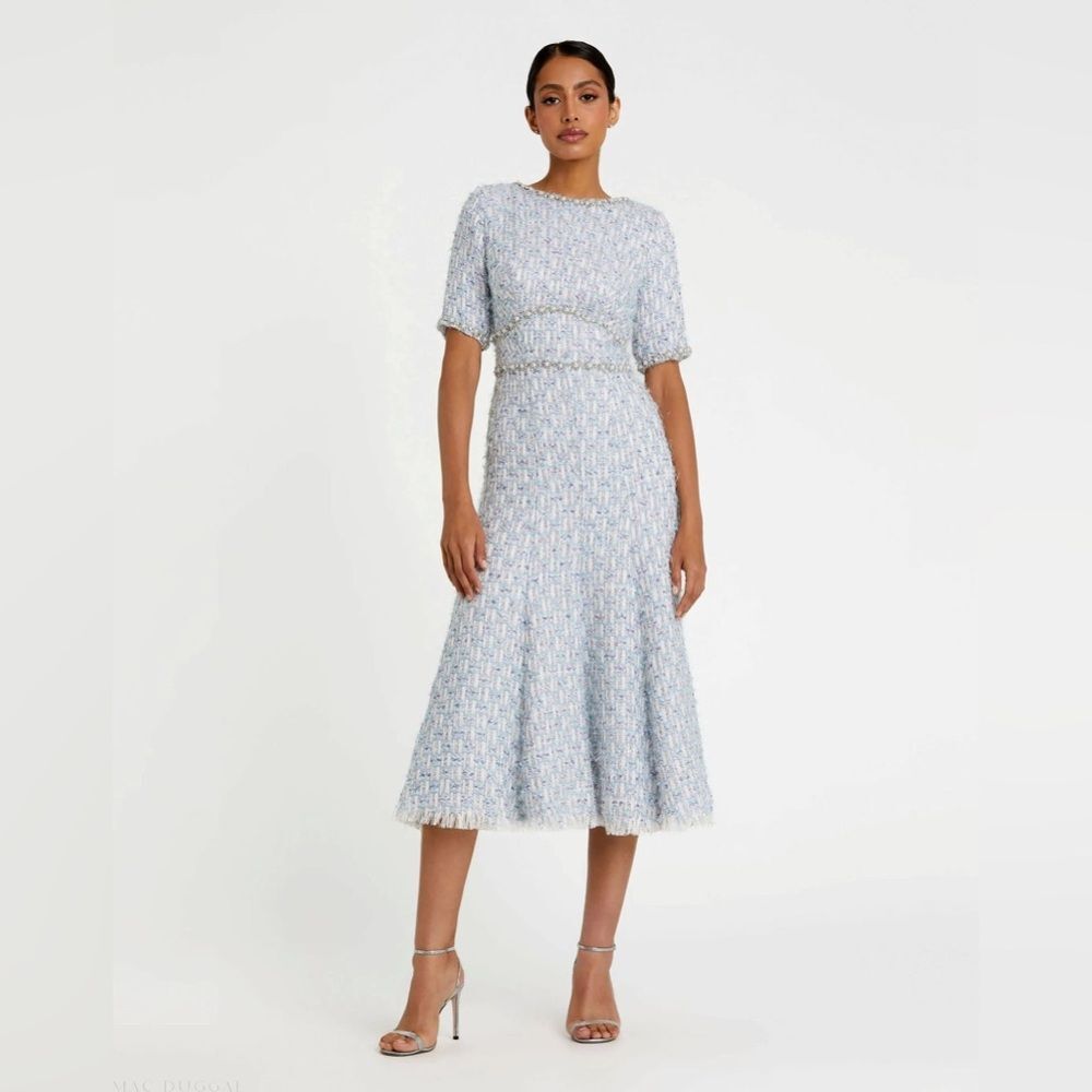 NWT Mac Duggal 20806 Blue Short Sleeve Beaded Trim Boucle Midi Dress 14